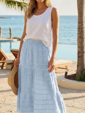 Lyon Sky Blue Skirt Light Blue Tiered Maxi Skirt - Women, Maxi cotton skirt